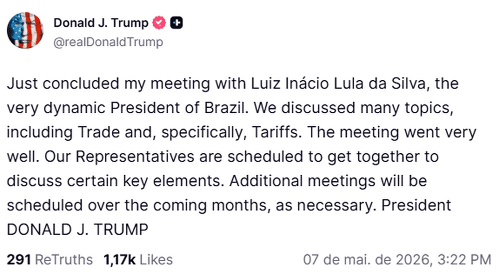 Screenshot of a Truth Social post by Donald Trump on May 7, 2026, describing his White House meeting with Brazilian President Luiz Inácio Lula da Silva to discuss trade and tariffs.